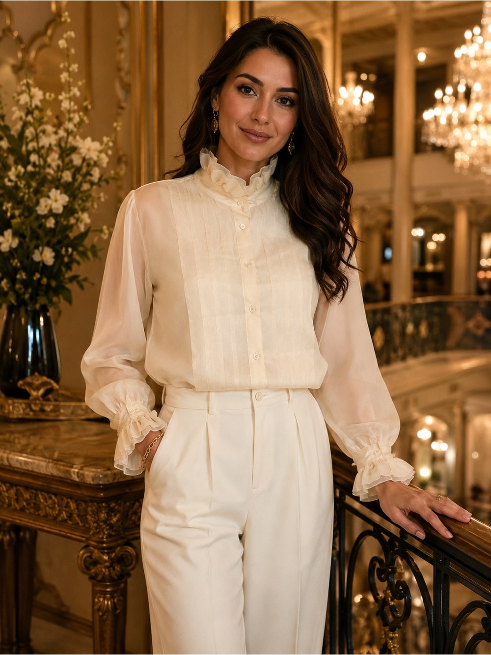 Ivory Ruffle-Neck Sheer Pintuck Blouse